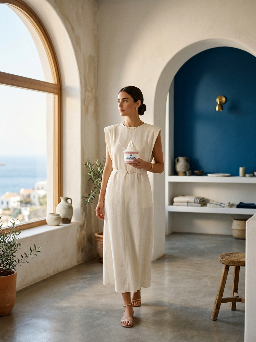 Mujer caminando con un Greek Frozen Yogurt en una boutique mediterránea